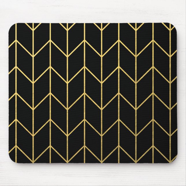 Mousepad Chevron Dourado no chique moderno do fundo preto (Frente)