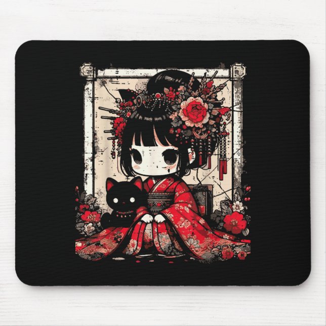 Mousepad Chibi Kimono Girl Black Cat Flowers Japanese Art W (Frente)