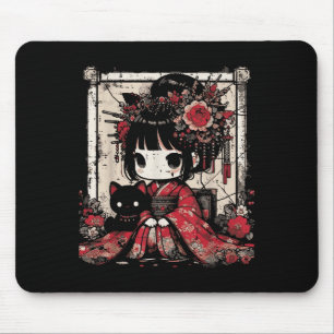 Mousepad Chibi Kimono Girl Black Cat Flowers Japonês Art W