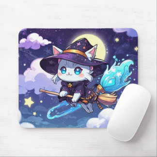 Mousepad Chibi Witch Cat Flying in Starry Sky – Kawaii Magi