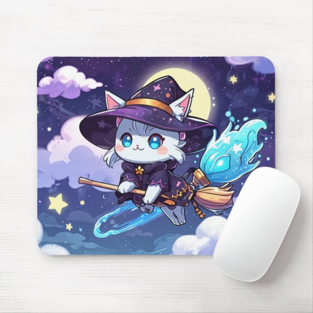 Mousepad Chibi Witch Cat Flying in Starry Sky – Kawaii Magi (Com mouse)