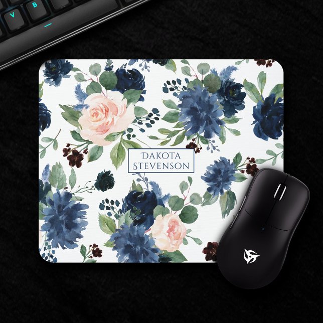 Mousepad Chic Blooms | Monograma Floral Marinho Azul e Blus (Criador carregado)