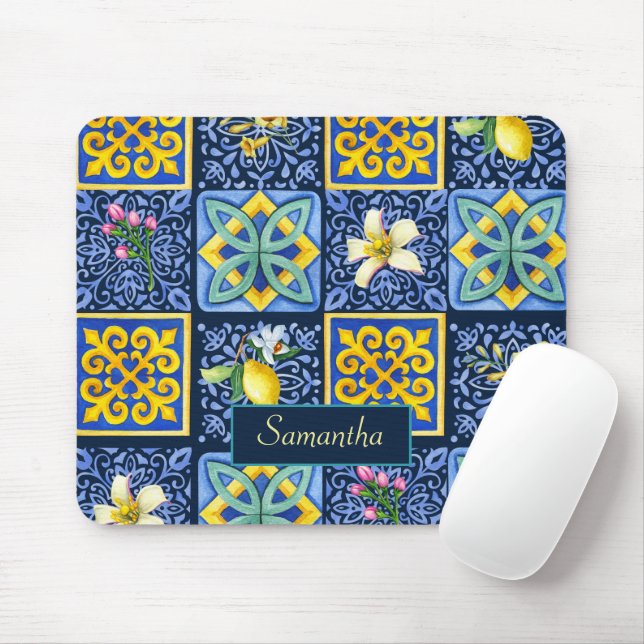 Mousepad Chic Blue Teal Siciliano Citrino Mediterrâneo (Com mouse)