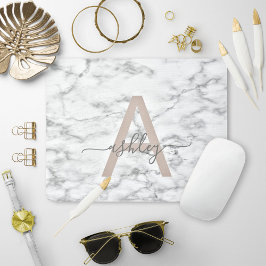 Mousepad Chic Blush White Marble Script Name Monogramo