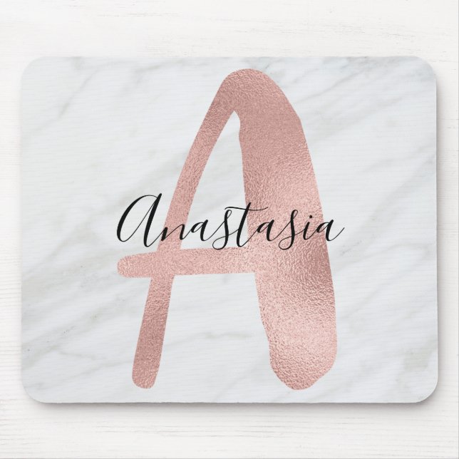 Mousepad Chic Branco & Mármore Cinza Rosa Dourado Monograma (Frente)