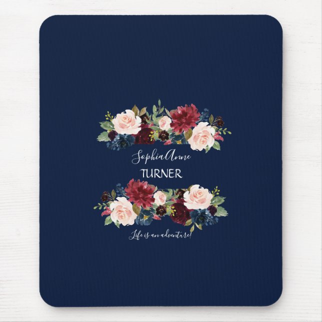 Mousepad Chic Burgundy Blush Floral Marinho Azul Monograma (Frente)