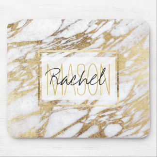 Mousepad Chic Elegant White e Monograma Dourado de Marble