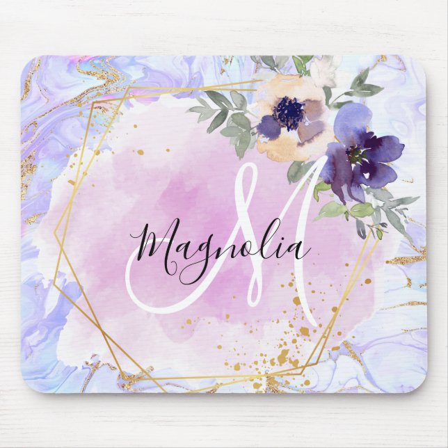 Mousepad Chic Floral Azul Rosa Dourado Arco-íris Mármore Mo (Frente)