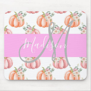 Mousepad Chic Floral Branco Rosa Pêssego Abóbora Monograma 