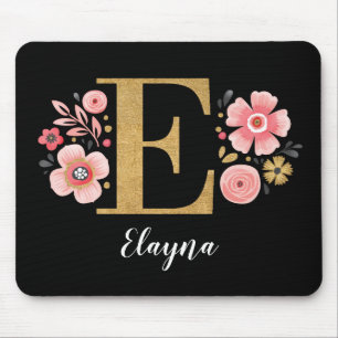 Mousepad Chic Floral Monograma Dourado Rosa Inicial Letra E