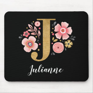 Mousepad Chic Floral Monograma Dourado Rosa Inicial Letra J