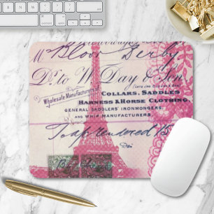 Mousepad chic french scripts lace pink paris eiffel torre