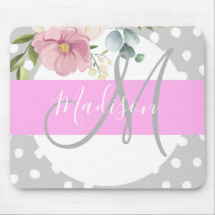 Mousepad Chic & Girly Floral Branco Rosa Cinza Monograma No