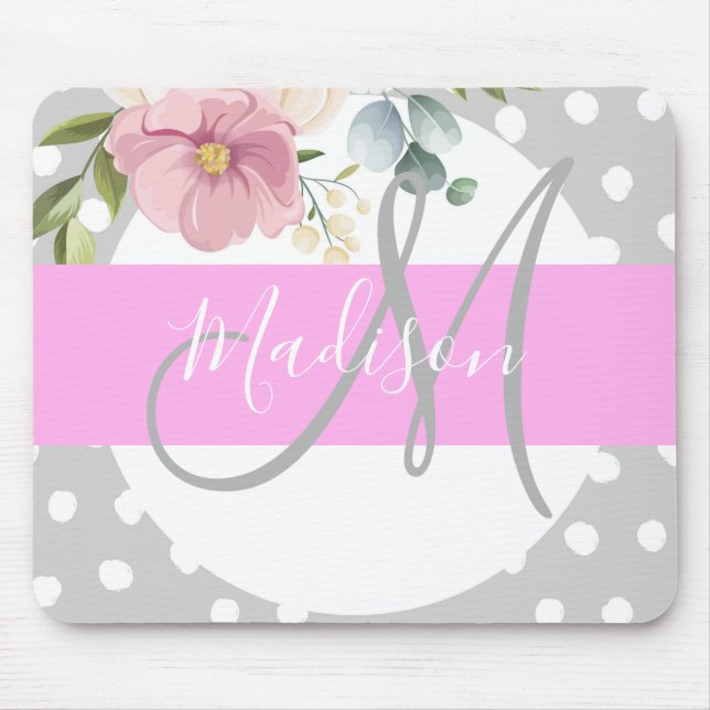 Mousepad Chic & Girly Floral White Pink Cinza Monograma Nom (Frente)