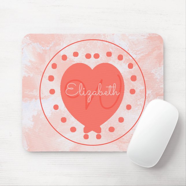 Mousepad Chic Heart - Letra Inicial Monograma Branco Coral (Com mouse)