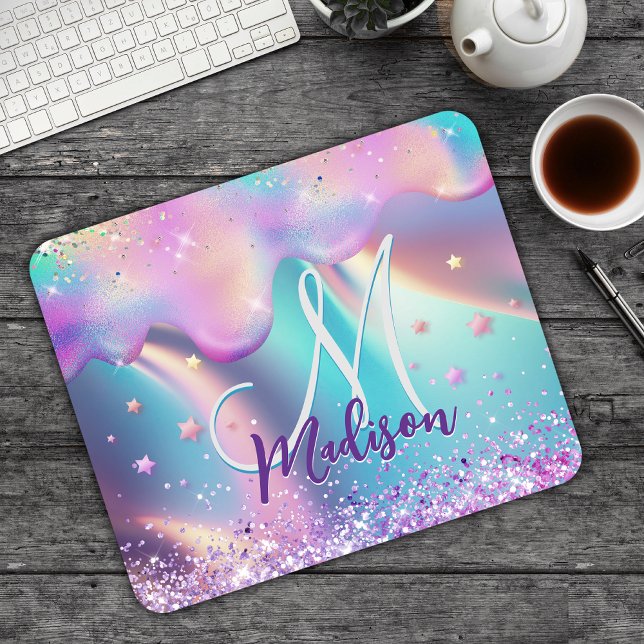 Mousepad Chic holographic unicorn dripping glitter monogram (Criador carregado)