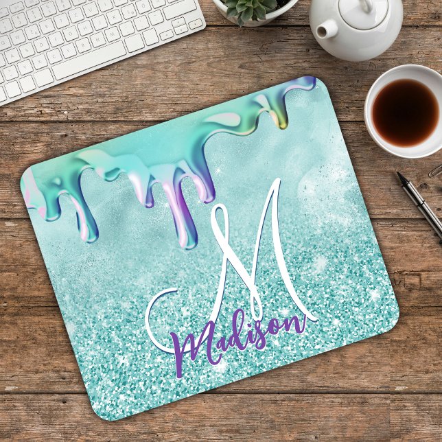 Mousepad Chic mint ombre glitter unicorn drips monogram (Criador carregado)