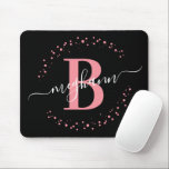 Mousepad Chic Modern Girly Pink Black Name Script Monogram<br><div class="desc">Girly, modern, elegant, trendy, pink and black, white monogram initial name script custom personalized monogrammed mousepad. Featuring a monogram initial and a girly name script in a hand lettered calligraphy swash tail font and dotted circle frame around your monogram. Perfect feminine gift for girls, sister, mother, birthday, wedding, bridal shower,...</div>