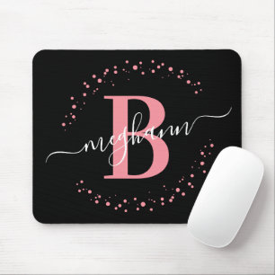 Mousepad Chic Modern Girly Pink Black Name Script Monogram