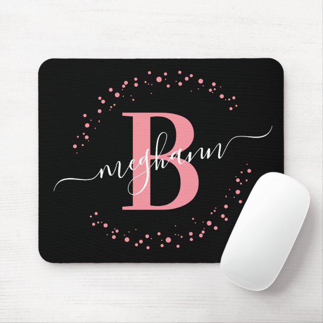Mousepad Chic Modern Girly Pink Black Name Script Monogram  (Com mouse)