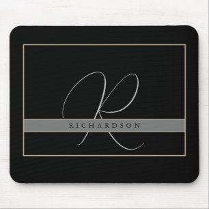 Mousepad Chic Monograma Nome inicial Cinza de carvão preto