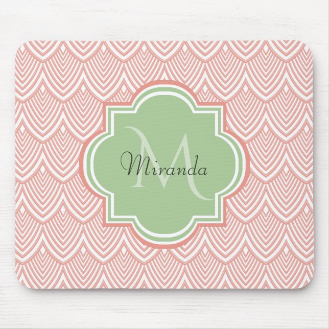 Mousepad Chic Pink Arch Scallops Suave Verde Monograma Nome (Frente)
