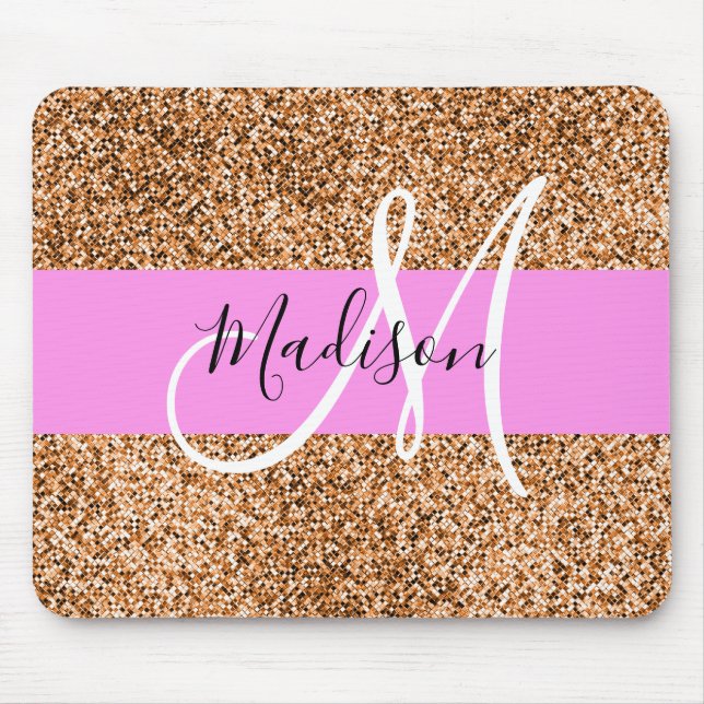 Mousepad Chic Pink & Pumpkin Glitter Sparkles Nome do Monog (Frente)