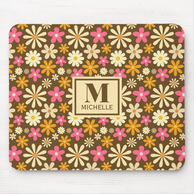 Mousepad Chic Retro 70s Groovy Hippie Flower Monograma (Frente)