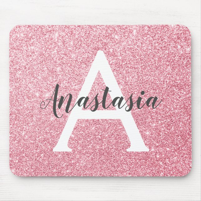 Mousepad Chic & Tendência em Glitter de Ouro Rosa Monograma (Frente)