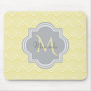 Mousepad Chic Yellow Art Deco Scallops Cinza Monograma Nome
