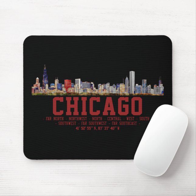 Mousepad Chicago Skyline. Nomes e coordenadas de área (Com mouse)