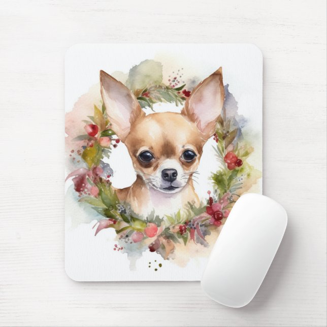 Mousepad Chihuahua Christmas Wreath Festivo Pup (Com mouse)