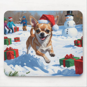 Mousepad Chihuahua correndo em neve com chapéu de Natal