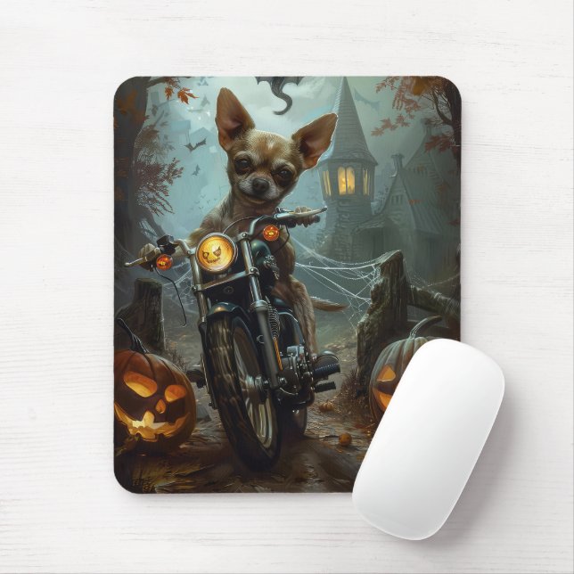 Mousepad Chihuahua dirigindo motocicleta no dia das bruxas (Com mouse)