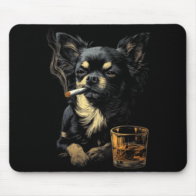 Mousepad Chihuahua Smoking Cigarette Whisky Lover Funny Dog (Frente)