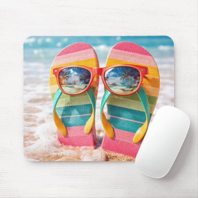 Mousepad Chinelos Presos Na Areia Da Praia Com Óculos De So (Com mouse)