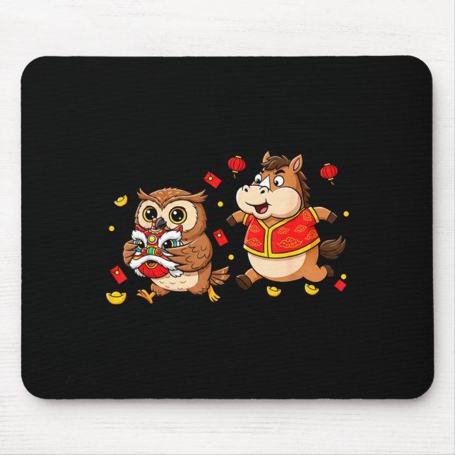 Mousepad Chinese Horse Owl Funny Kids Mens Womens Happy New (Frente)