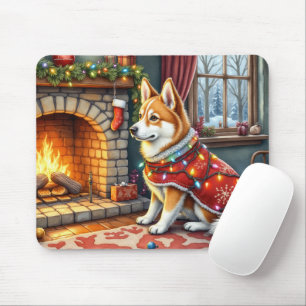 Mousepad Chinook Sentado ao Lado da Lareira com Luzes de Na