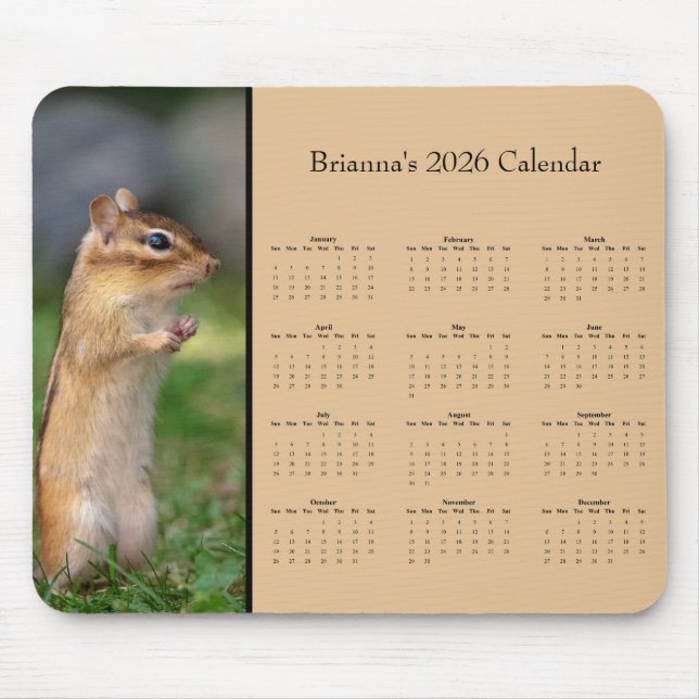Mousepad Chipmunk - Customizable full year 2026 calendar (Frente)