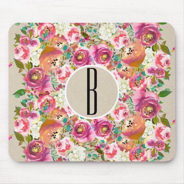 Mousepad Chique de Monograma da Kraft Rustic Floral Elegant (Frente)