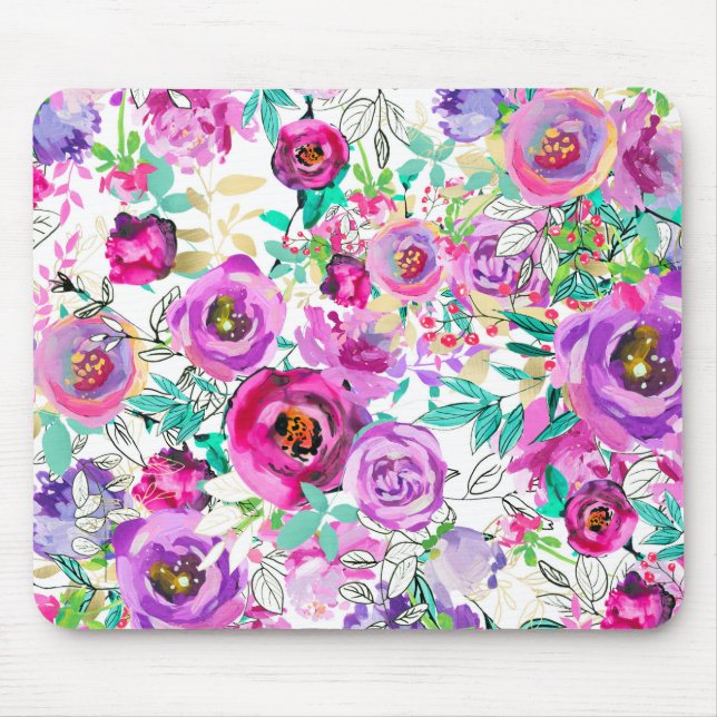 Mousepad Chique Floral Moderno Brilhante Rosa Púrpura (Frente)