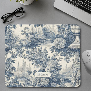Mousepad Chique floral vintage monograma azul toile de jouy