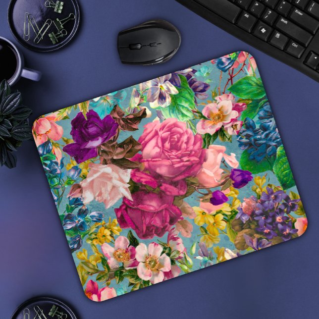 Mousepad Chique Vintage rosa padrão rosa azul (Criador carregado)