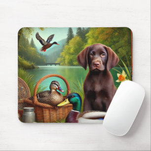 Mousepad Chocolate Labrador Puppy por um lago com Patos