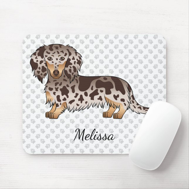 Mousepad Chocolate & Tan Dapple Long Hair Dachshund & Name (Com mouse)