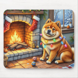 Mousepad Chow Chow Sentado ao Lareira com Luzes de Natal