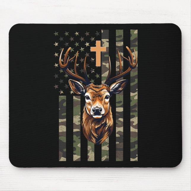Mousepad Christian Deer Hunting Camo American Flag (Frente)