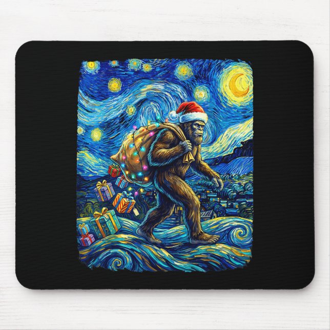 Mousepad Christmas Bigfoot Santa Hat Van Gogh Starry Night  (Frente)