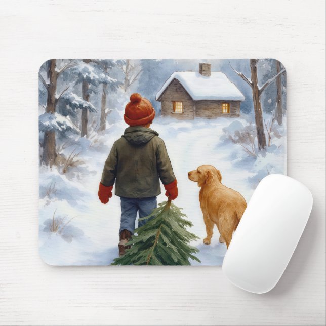 Mousepad Christmas Boy Dragging an Evergreen Tree Home (Com mouse)