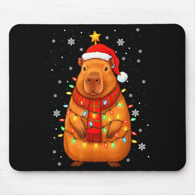 Mousepad Christmas Capybara With Santa Hat Xmas Lights Tree (Frente)